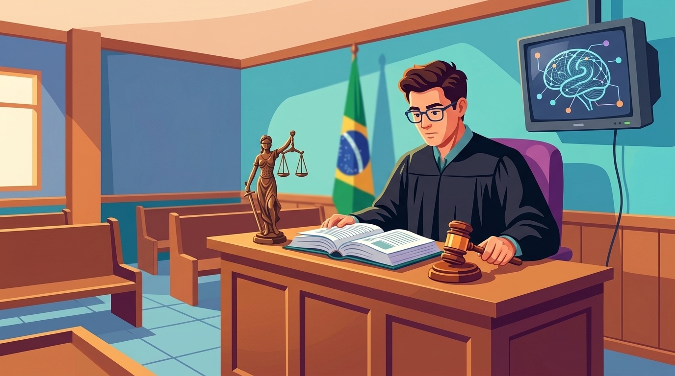 Martelo de juiz em tribunal ao lado de documentos sobre o uso de inteligência artificial na advocacia