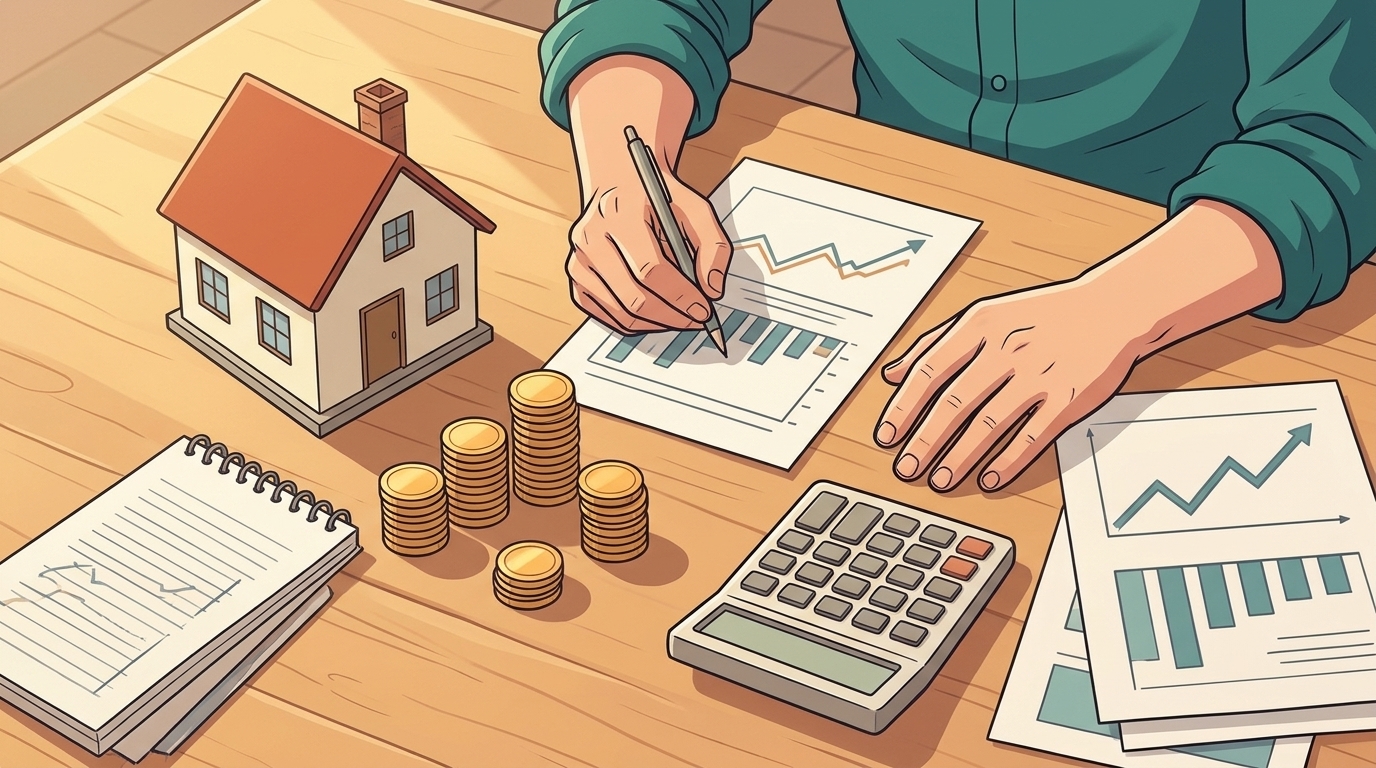 Fachada de agência bancária e maquete de casa representando crédito imobiliário