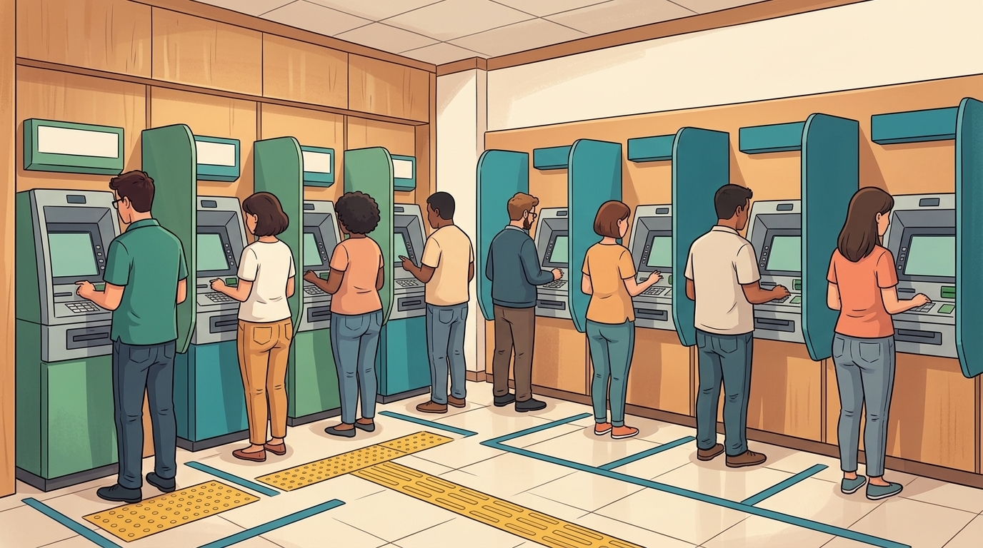 Fachada de agência bancária do Bradesco com representação gráfica de processamento digital