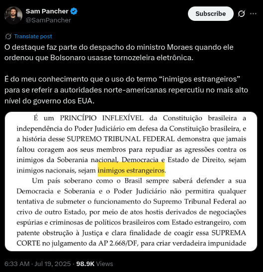 Sam Pancher do Metropoles em seu X